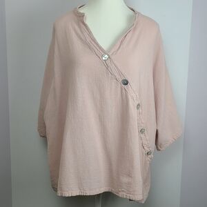 Oh My Gauze! rose pink v-neck 3/4 sleeve lagenlook relaxed fit blouse, sz L